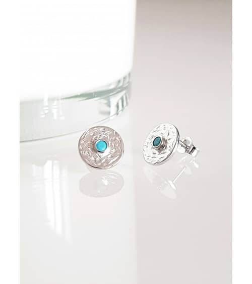 Boucles d'oreilles en argent 925/1000 rhodié, avec une pierre de synthèse bleue turquoise, avec poussettes