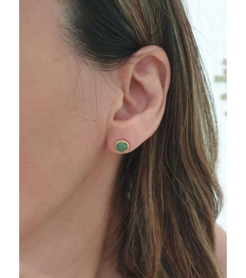 Boucles d'oreilles rondes en plaqué or et pierre aventurine, avec poussettes