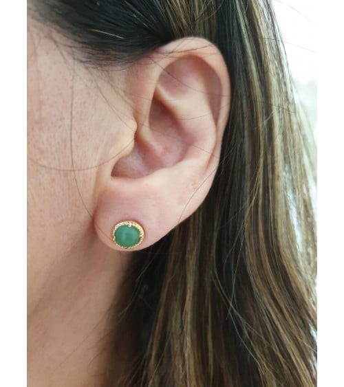 Boucles d'oreilles rondes en plaqué or et pierre aventurine, avec poussettes