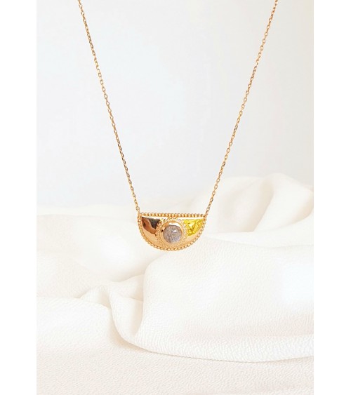 Collier demi sphère en plaqué or ornée d'une pierre labradorite (longueur 45 cm réglable en 42 et 40 cm)