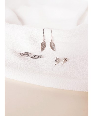 Boucles d'oreilles "plume" en argent 925/1000 rhodié, avec crochets