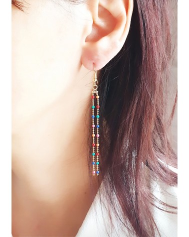 Boucles d’oreilles pendantes en plaqué or et boules émail multicolores