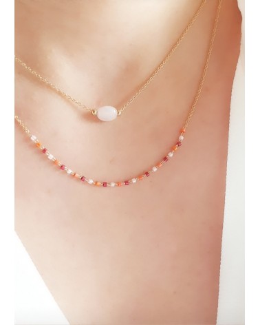 Collier double en plaqué or comportant une pierre quartz et des perles de Miyuki (longueur 45 cm réglable à 40,5 cm)