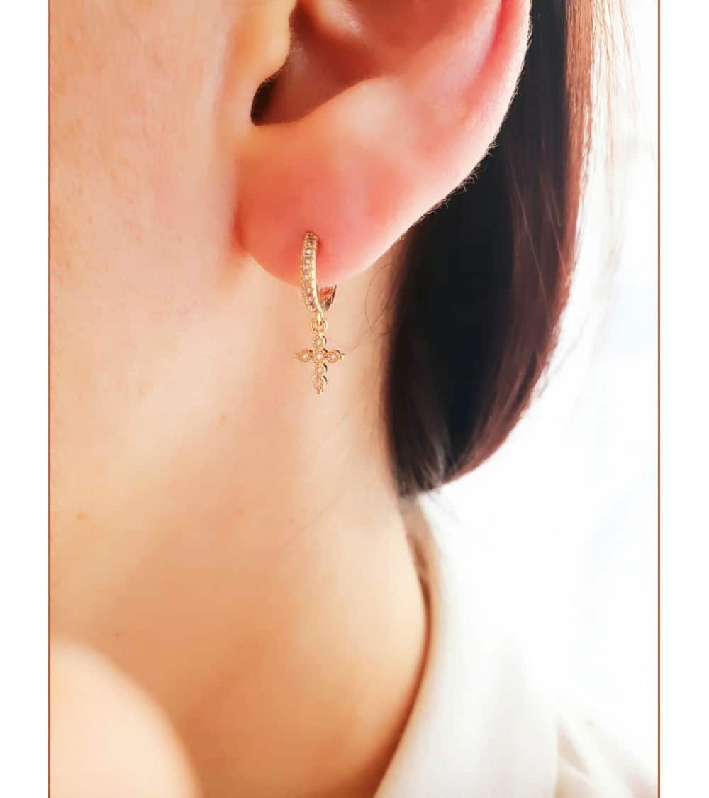 Boucles D'oreilles Créoles Plaqué Or - Pendentif Chaîne Et Oxydes De Zirconium - Marque Tata Gisèle - Neuves