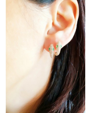 Boucles d'oreilles créoles en plaqué or motif "serpent" avec oxydes de zirconiums blancs et verts