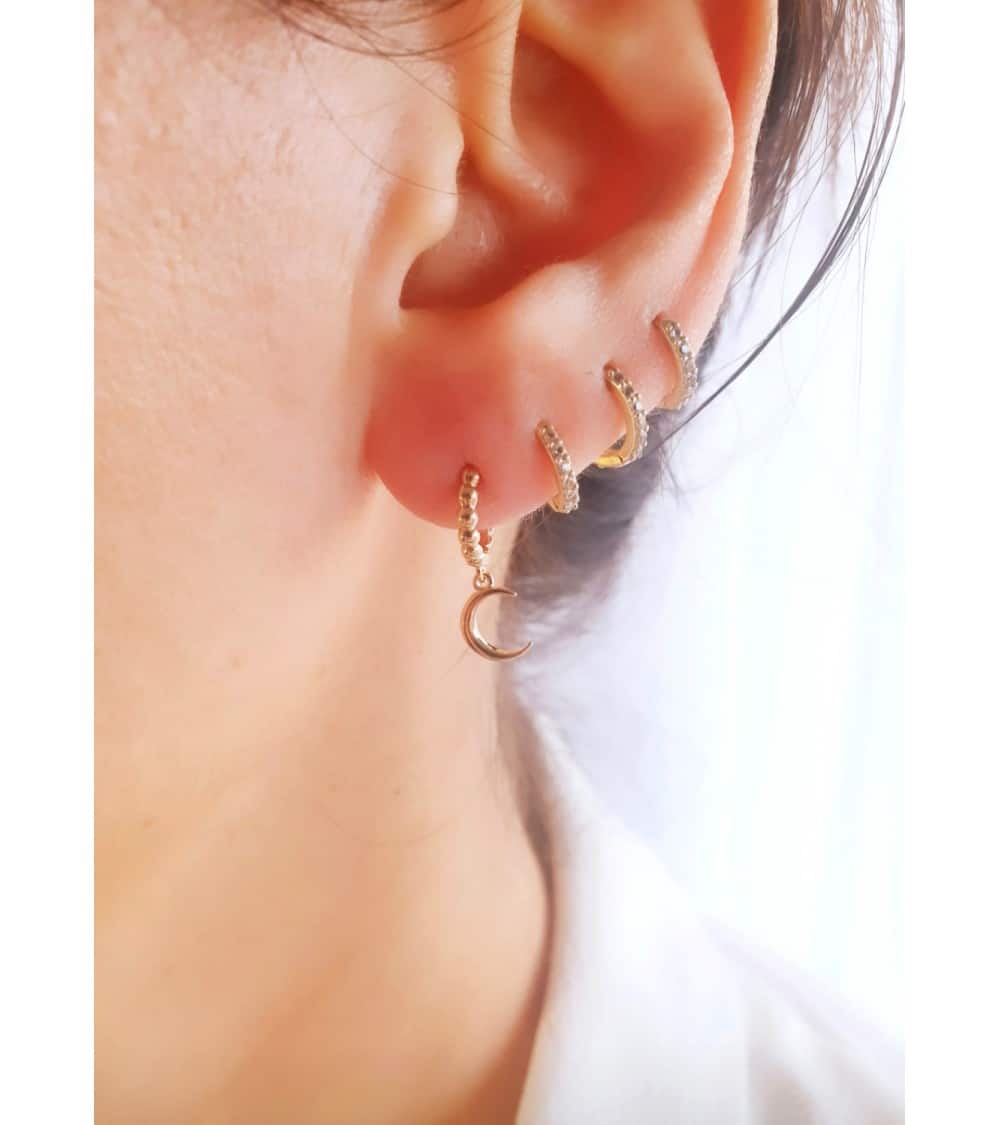 Boucles D'oreilles Créoles En Plaqué Or - Pendentif Avec Pierre De Lune Sertie - Neuf Avec étiquettes