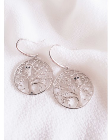 Boucles d'oreilles en argent 925/1000ème rhodié "arbre de vie" avec une chouette en oxyde de zirconium