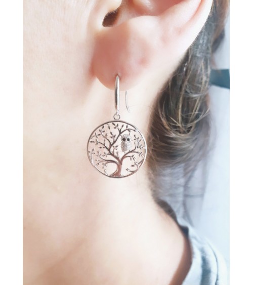 Boucles d'oreilles en argent 925/1000ème rhodié "arbre de vie" avec une chouette en oxyde de zirconium