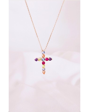 Pendentif "croix" en plaqué or et oxydes de zirconium multicolores, avec sa chaine