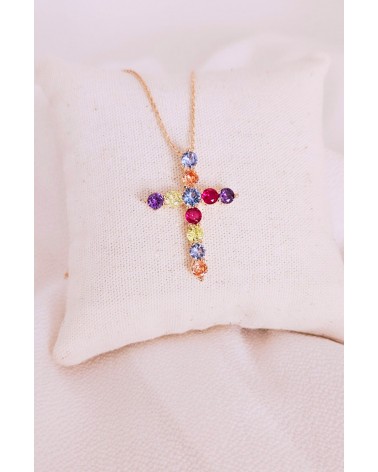 Pendentif "croix" en plaqué or et oxydes de zirconium multicolores, avec sa chaine