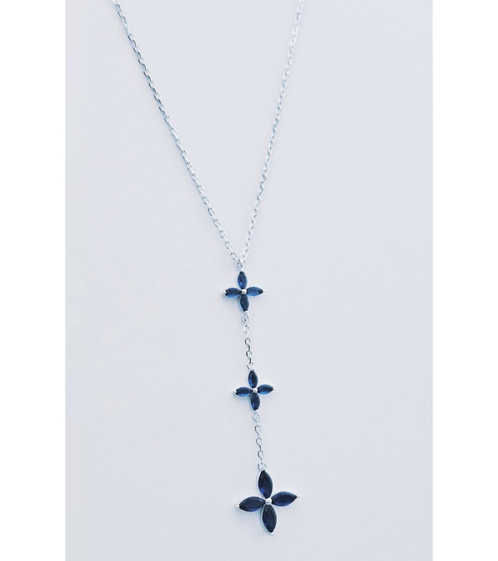 Collier en argent 925/1000ème rhodié en forme Y avec trio de fleurs bleu saphir