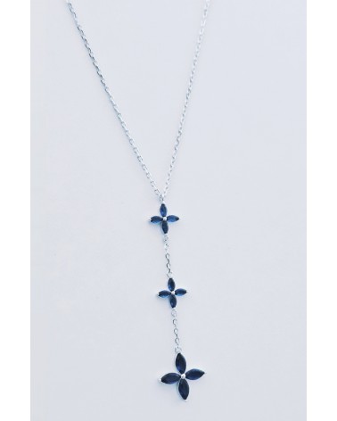 Collier en argent 925/1000ème rhodié en forme Y avec trio de fleurs bleu saphir