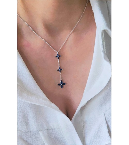 Collier en argent 925/1000ème rhodié en forme Y avec trio de fleurs bleu saphir