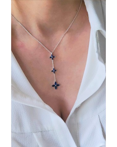 Collier en argent 925/1000ème rhodié en forme Y avec trio de fleurs bleu saphir