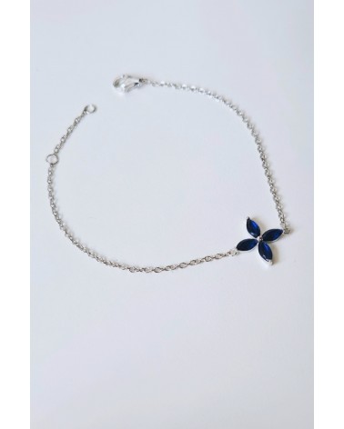 Bracelet "fleur" en argent 925/1000 rhodié et verre couleur bleu saphir