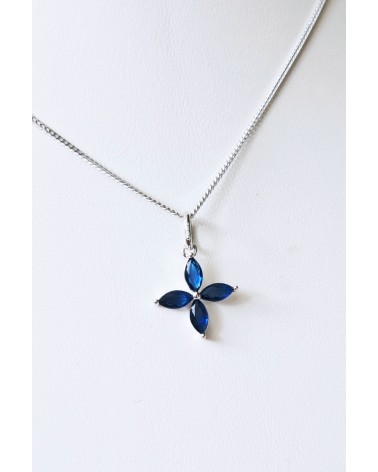 Pendentif seul "fleur" en argent 925/1000 rhodié et verre couleur bleu saphir