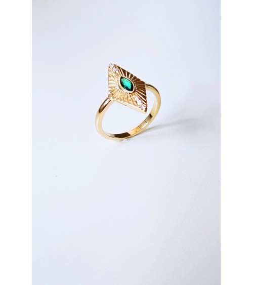 Bague "losange" en plaqué or et pierre de synthèse de couleur vert émeraude sertie close