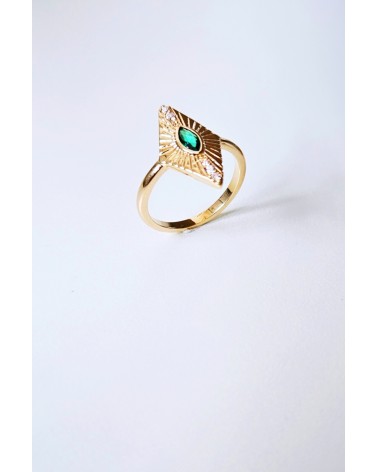 Bague "losange" en plaqué or et pierre de synthèse de couleur vert émeraude sertie close