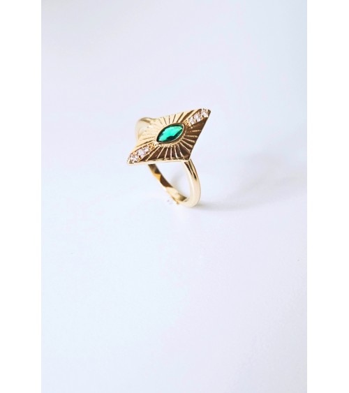 Bague "losange" en plaqué or et pierre de synthèse de couleur vert émeraude sertie close