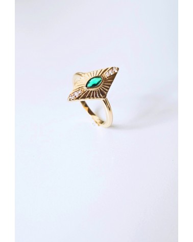 Bague "losange" en plaqué or et pierre de synthèse de couleur vert émeraude sertie close