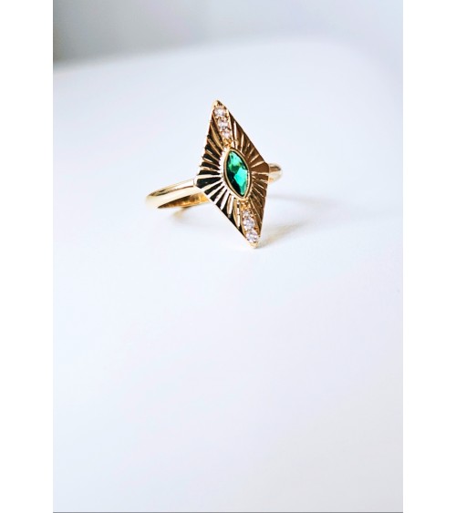 Bague "losange" en plaqué or et pierre de synthèse de couleur vert émeraude sertie close
