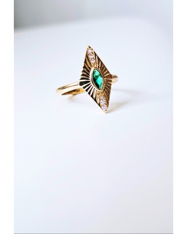 Bague "losange" en plaqué or et pierre de synthèse de couleur vert émeraude sertie close