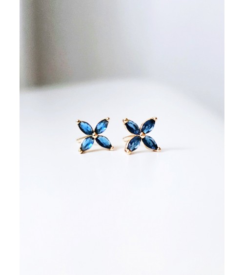 Boucles d'oreilles "fleur" en plaqué or et verre de couleur bleu saphir