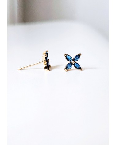 Boucles d'oreilles "fleur" en plaqué or et verre de couleur bleu saphir