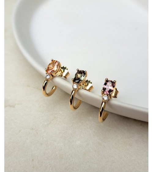 Boucles d'oreilles demi créoles en plaqué or avec pierre facette smoky vert