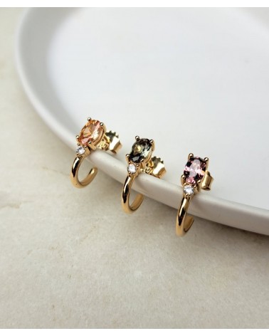 Boucles d'oreilles demi créoles en plaqué or avec pierre facette smoky vert