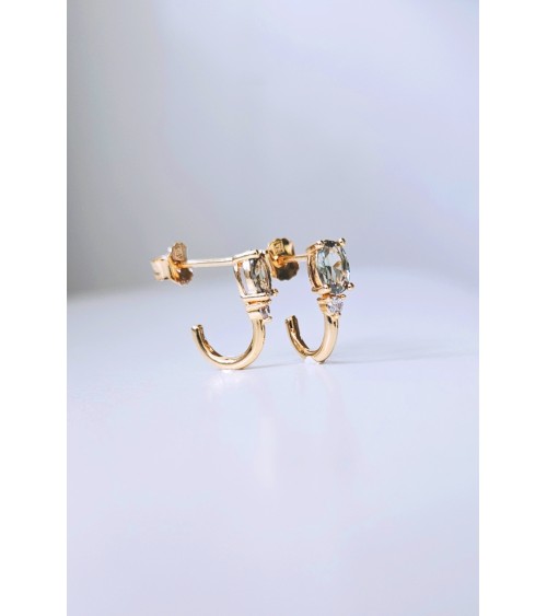 Boucles d'oreilles demi créoles en plaqué or avec pierre facette smoky vert