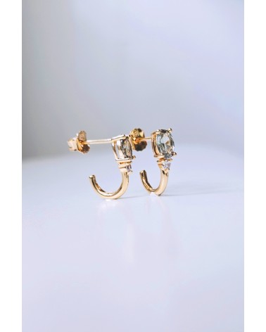 Boucles d'oreilles demi créoles en plaqué or avec pierre facette smoky vert