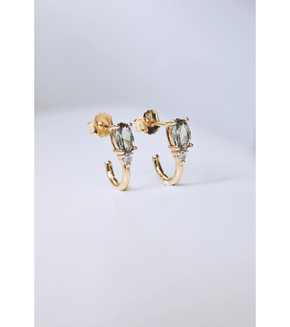 Boucles d'oreilles demi créoles en plaqué or avec pierre facette smoky vert