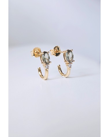 Boucles d'oreilles demi créoles en plaqué or avec pierre facette smoky vert