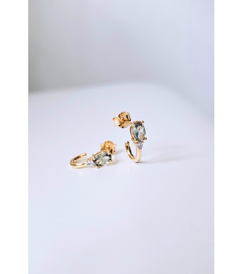 Boucles d'oreilles demi créoles en plaqué or avec pierre facette smoky vert