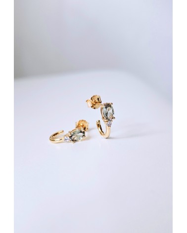 Boucles d'oreilles demi créoles en plaqué or avec pierre facette smoky vert