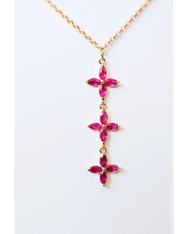 Collier en plaqué or et trio de fleurs en verre couleur fuchsia