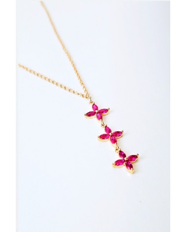 Collier en plaqué or et trio de fleurs en verre couleur fuchsia