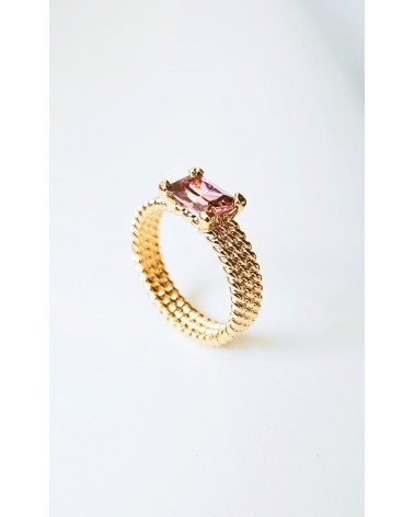 Bague triple rangée torsadées en plaqué or avec rectangle smoky rose