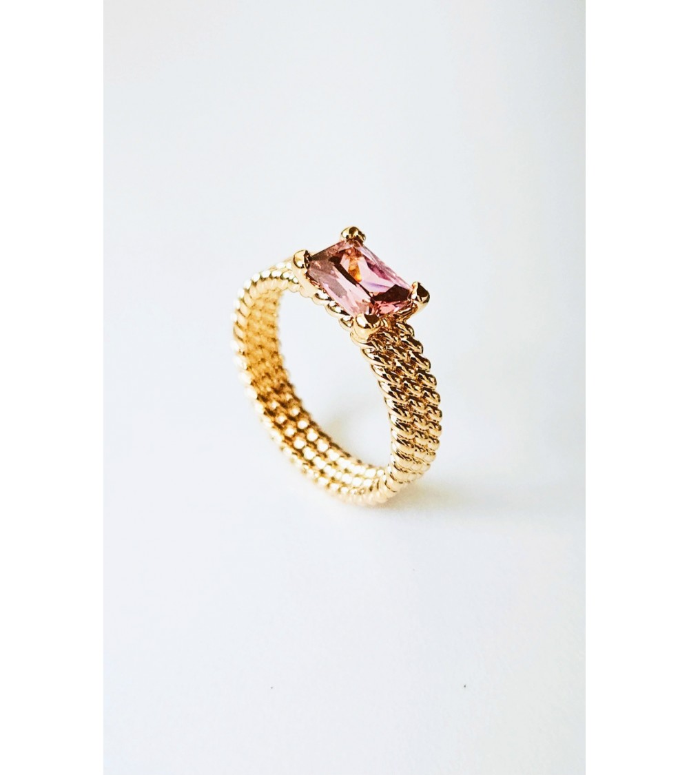 Bague triple rangée torsadées en plaqué or avec rectangle smoky rose