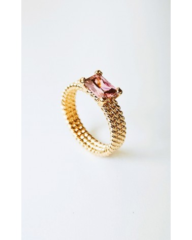 Bague triple rangée torsadées en plaqué or avec rectangle smoky rose
