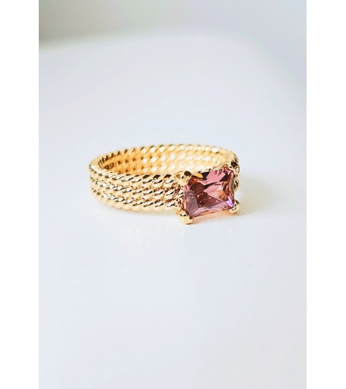 Bague triple rangée torsadées en plaqué or avec rectangle smoky rose