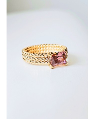 Bague triple rangée torsadées en plaqué or avec rectangle smoky rose
