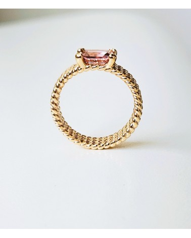 Bague triple rangée torsadées en plaqué or avec rectangle smoky rose