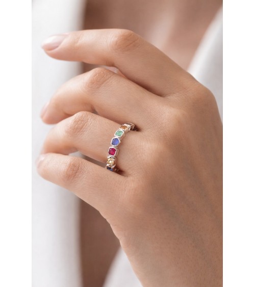 Bague en argent 925/1000ème rhodié agrémentée de carrés et losanges en oxydes de zirconium multicolores