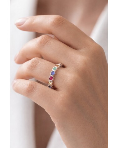 Bague en argent 925/1000ème rhodié agrémentée de carrés et losanges en oxydes de zirconium multicolores