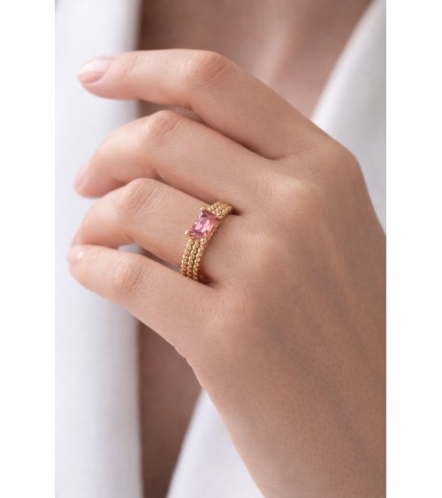 Bague triple rangée torsadée en plaqué or avec rectangle smoky rose
