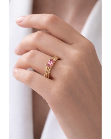Bague triple rangée torsadée en plaqué or avec rectangle smoky rose