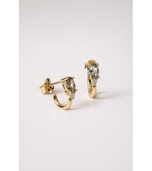 Boucles d'oreilles demi créoles en plaqué or avec pierre facette smoky vert