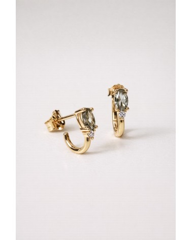 Boucles d'oreilles demi créoles en plaqué or avec pierre facette smoky vert
